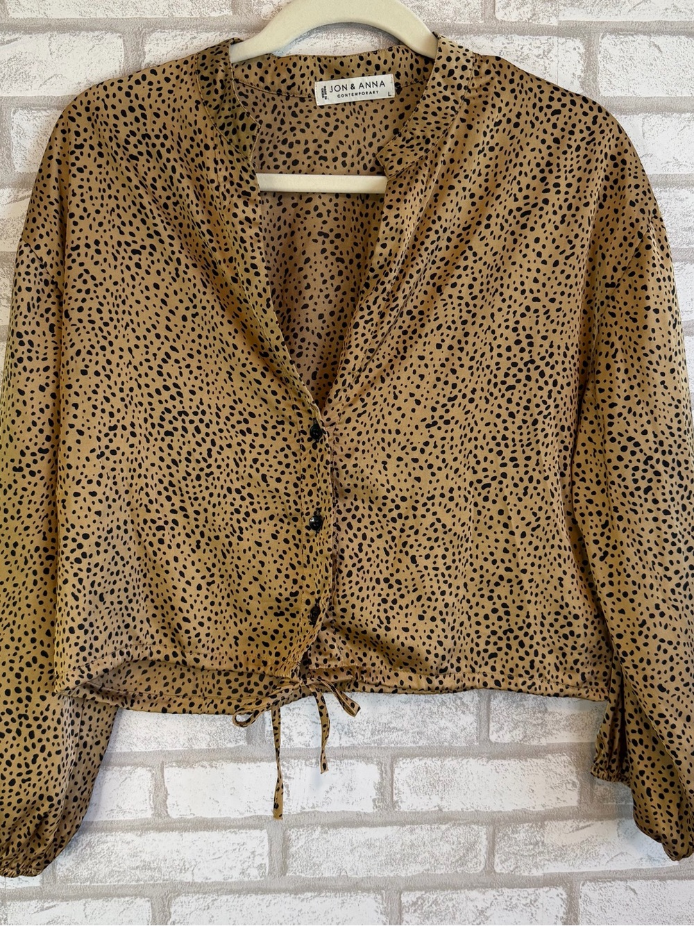 Jon & Anna Contemporary Leopard Print Tie Hem Blouse Women’s Large Tan Brown Top